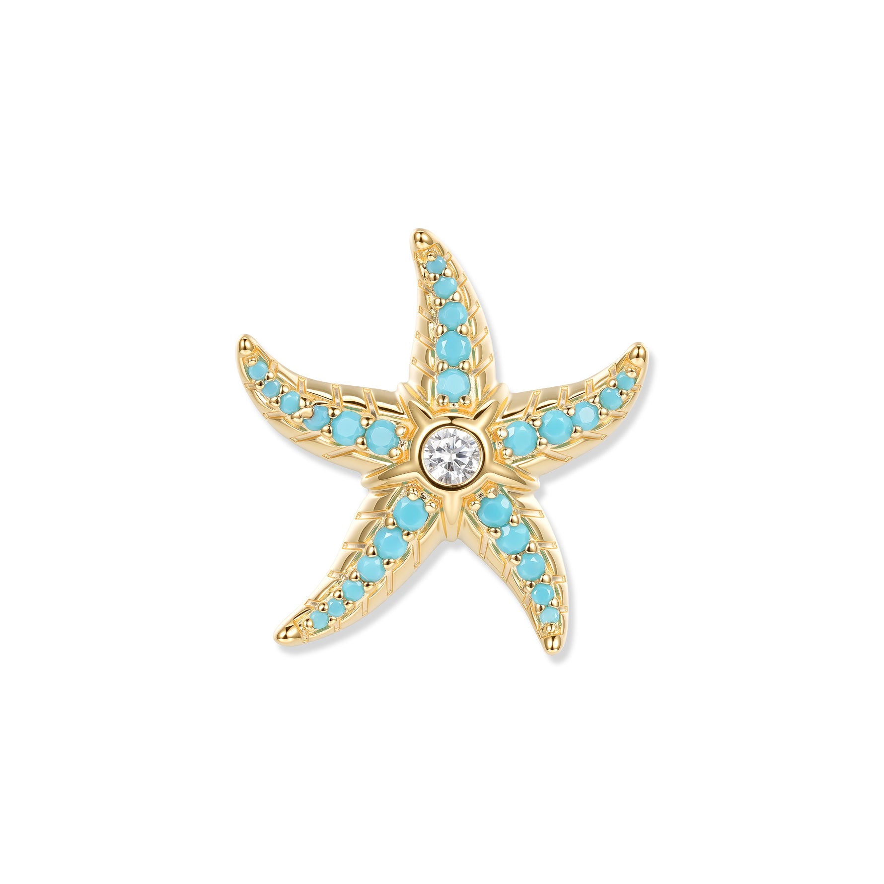 Golden starfish with turquoise zirconia in the arms and a sparkling stone in the center, inspired by sunny, clear aquatic worlds