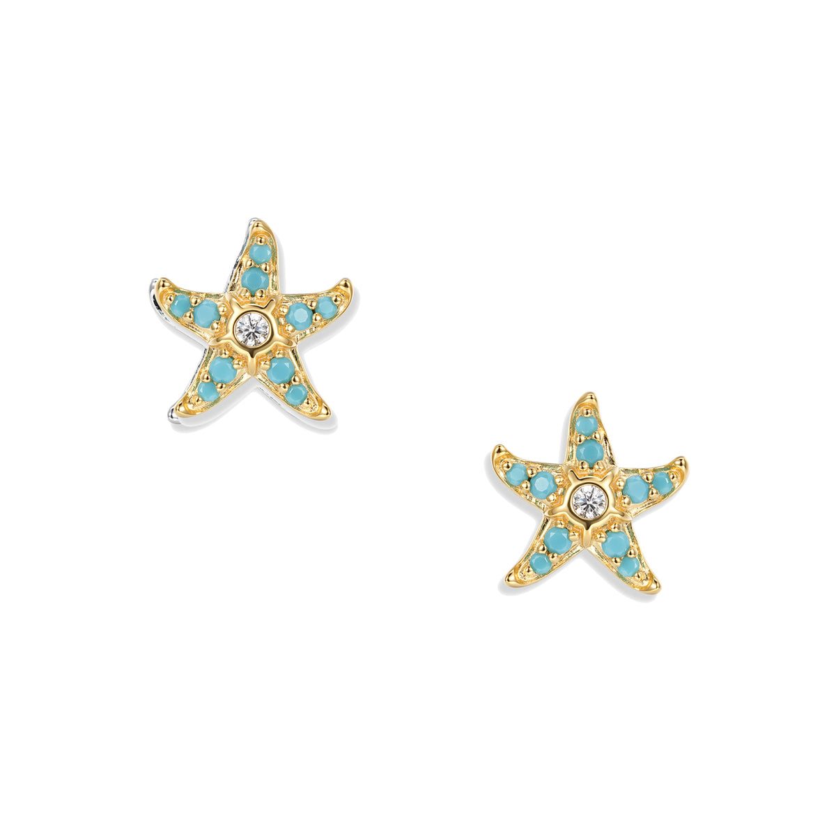 Gold starfish earrings with turquoise zirconia in the arms and a sparkling stone in the center, matching the Sully Aqua pendant