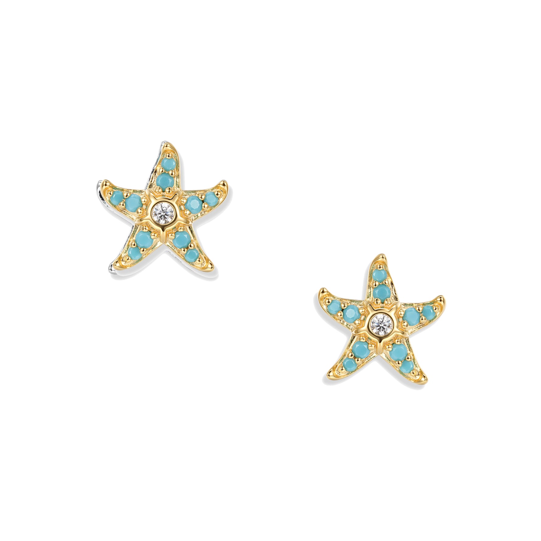 Gold starfish earrings with turquoise zirconia in the arms and a sparkling stone in the center, matching the Sully Aqua pendant