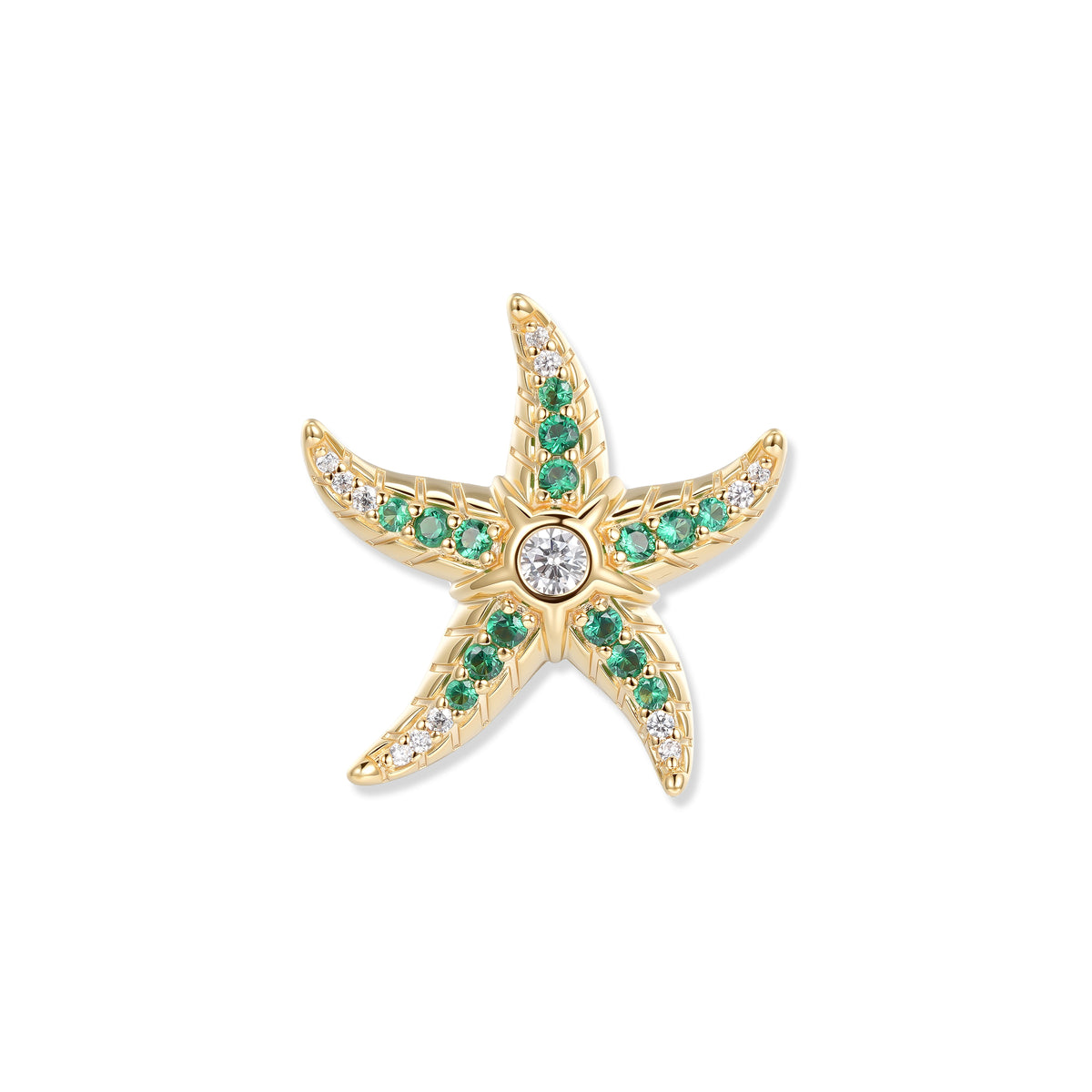 Stella marina dorata con zirconi verde intenso e pietra scintillante al centro, ispirata ai tranquilli mondi acquatici naturali