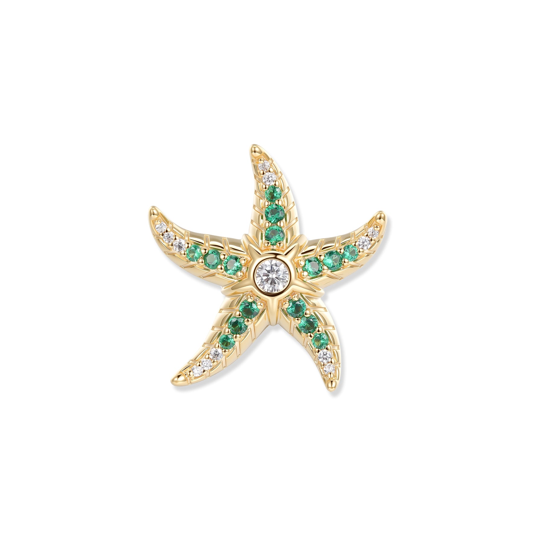 Stella marina dorata con zirconi verde intenso e pietra scintillante al centro, ispirata ai tranquilli mondi acquatici naturali