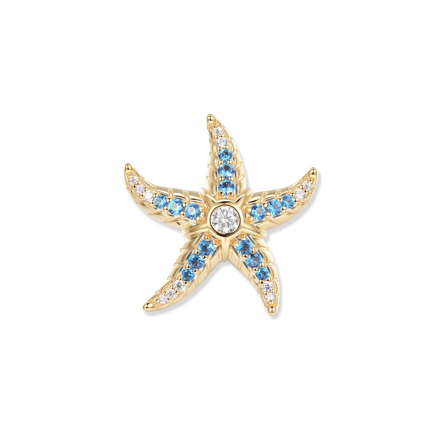 Goldener Seestern mit tiefblauen Zirkonia, die zu weißen Zirkonia an den Armspitzen verlaufen, mit funkelndem Stein im Zentrum