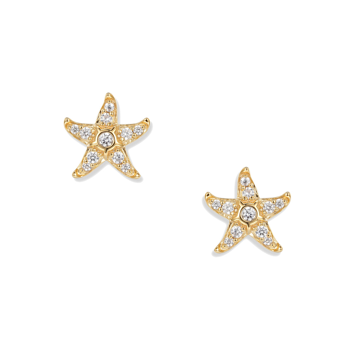 Délicates boucles d'oreilles puces Svenja Crystal en forme d'étoile de mer dorée avec oxydes de zirconium blancs, en argent sterling 925 plaqué or 18 carats