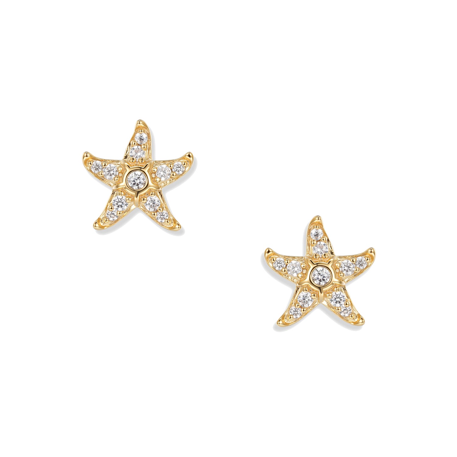 Délicates boucles d'oreilles puces Svenja Crystal en forme d'étoile de mer dorée avec oxydes de zirconium blancs, en argent sterling 925 plaqué or 18 carats