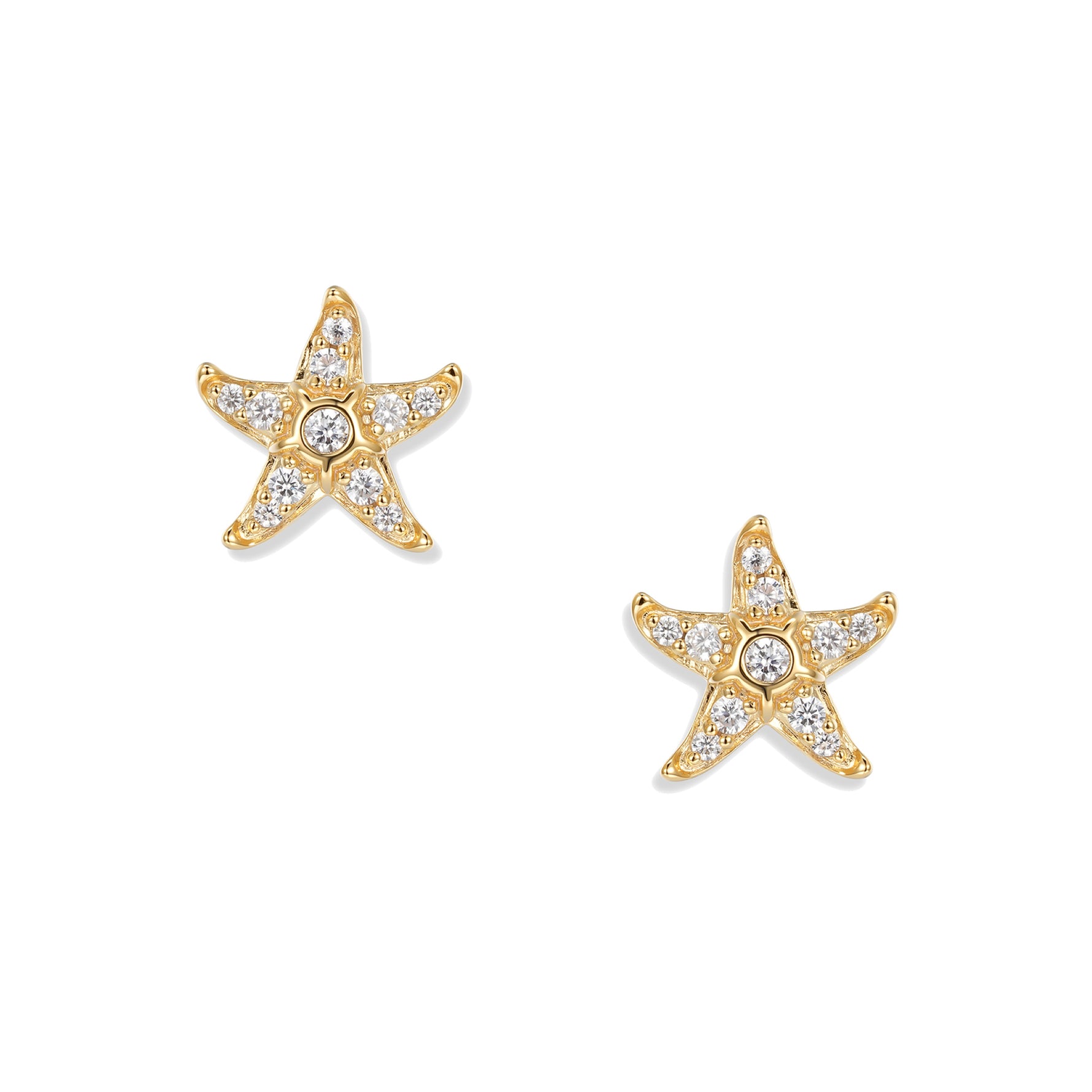 Délicates boucles d'oreilles puces Svenja Crystal en forme d'étoile de mer dorée avec oxydes de zirconium blancs, en argent sterling 925 plaqué or 18 carats
