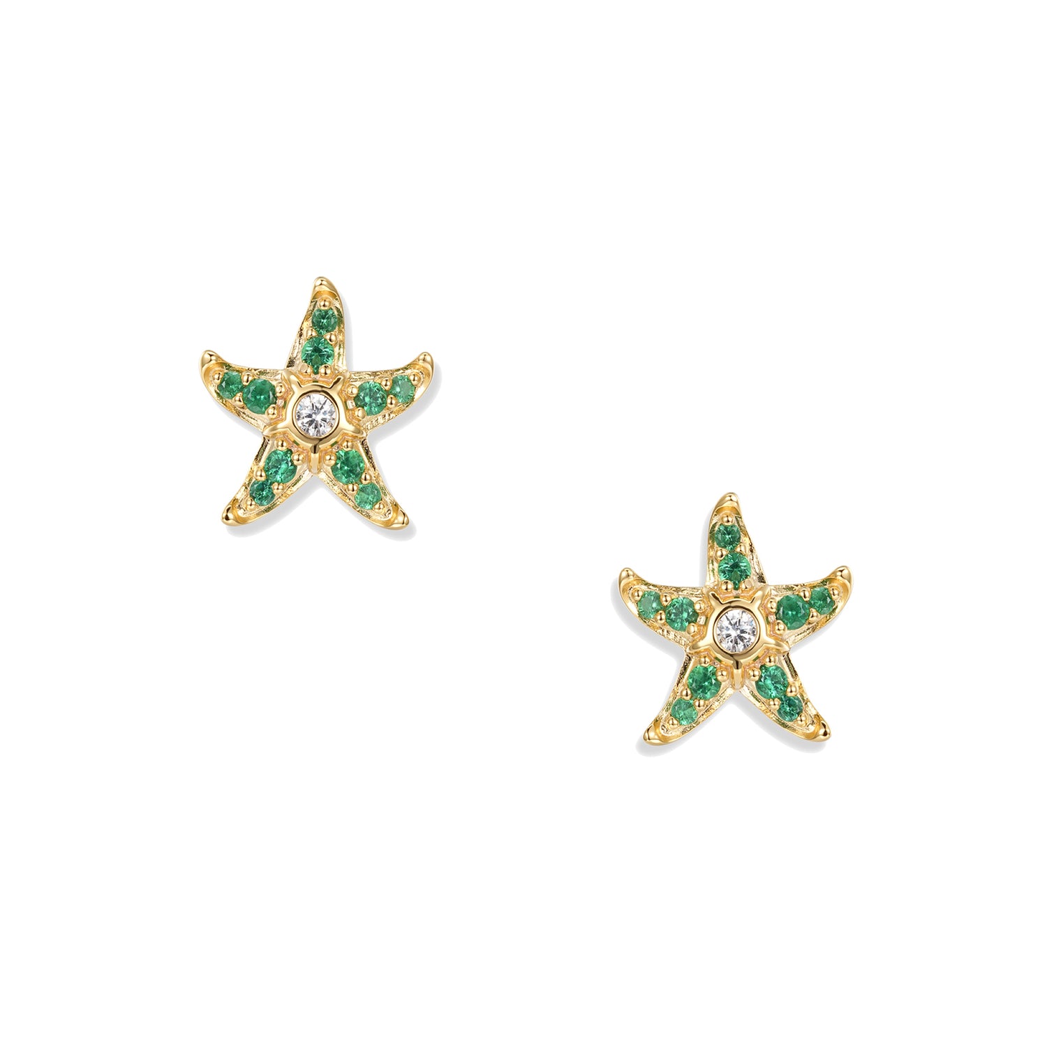 Delicate gold-plated Svenja Jade starfish stud earrings with rich green zirconia and fine white accents