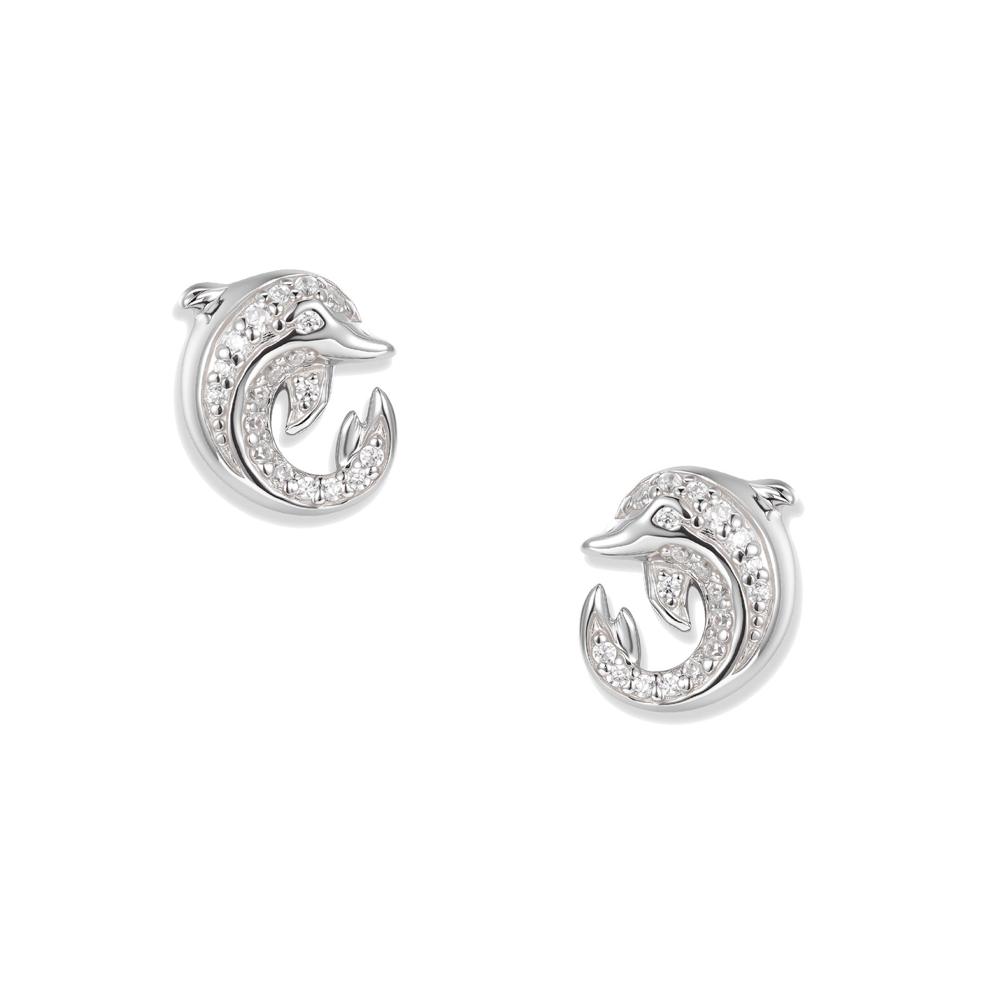 Silberne White Delfin Infinity Ohrstecker mit jeweils einem rund gekrümmten Delfin, vollständig besetzt mit weißen Zirkonia