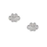 Silver White Paw paw stud earrings with a paw on each, large oval white zirconia at the paw tips, and sparkling zirconia accents