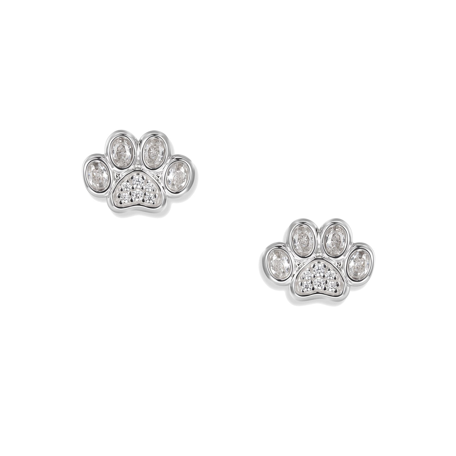 Orecchini a lobo White Paw in argento, ciascuno con una zampa, un grande zircone bianco ovale sulle punte e decorati con zirconi scintillanti
