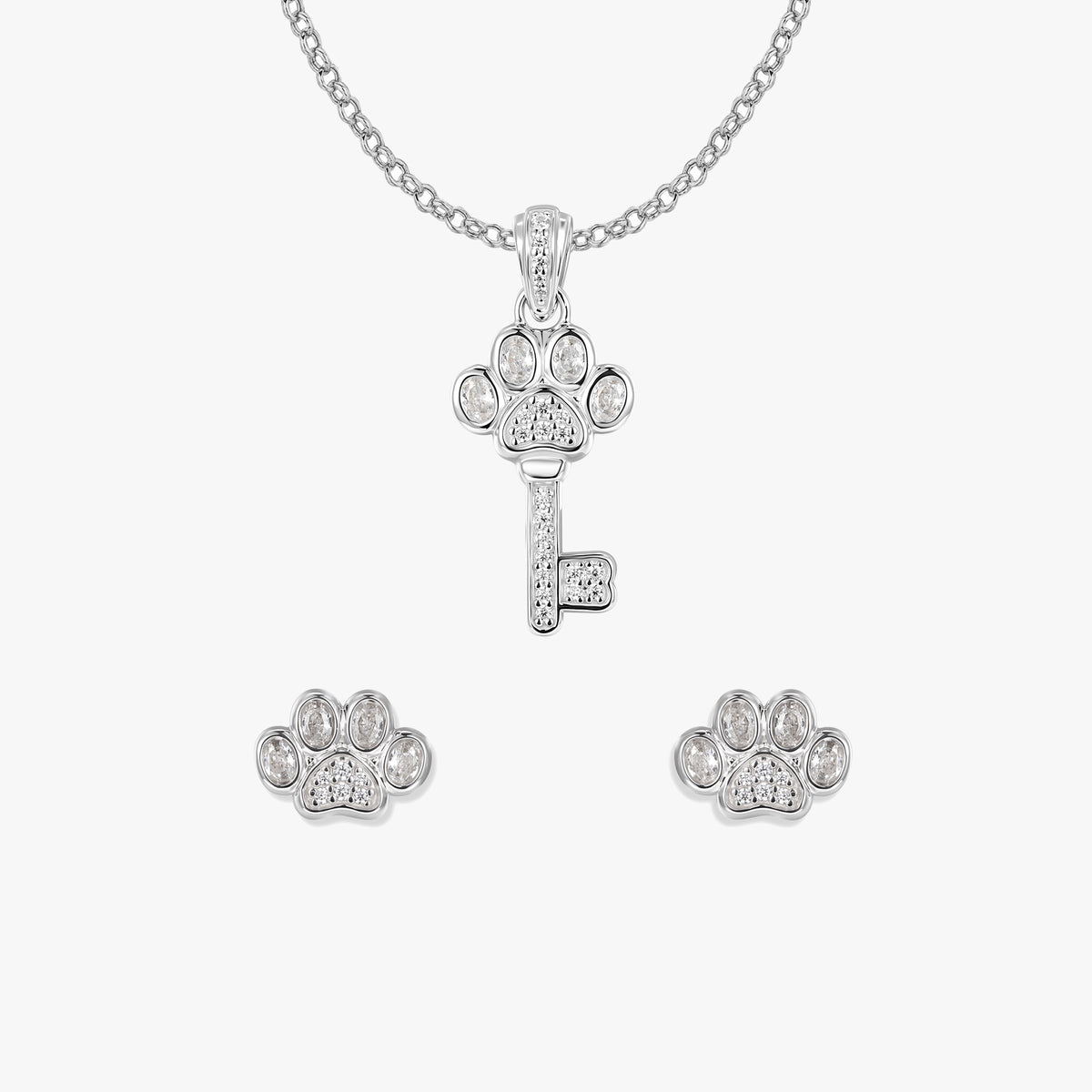 White Paw Set von SEINERZEIT aus 925 Sterling Silber mit Schlüssel Anhänger, Pfoten Ohrsteckern und Kette