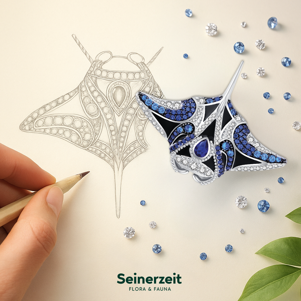 Design-Skizze und fertiger Raymond Manta Anhänger von Seinerzeit Flora & Fauna – handgezeichnetes Schmuckdesign mit blauen und weißen Zirkonia auf naturfarbenem Hintergrund