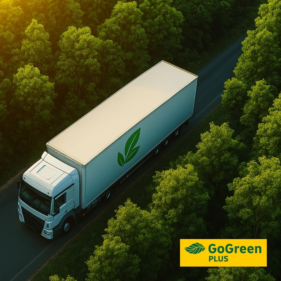 "White eco-friendly delivery truck with a green leaf logo driving on a forest road, symbolizing Seinerzeits sustainable shipping for GoGreen Plus. by DHL"